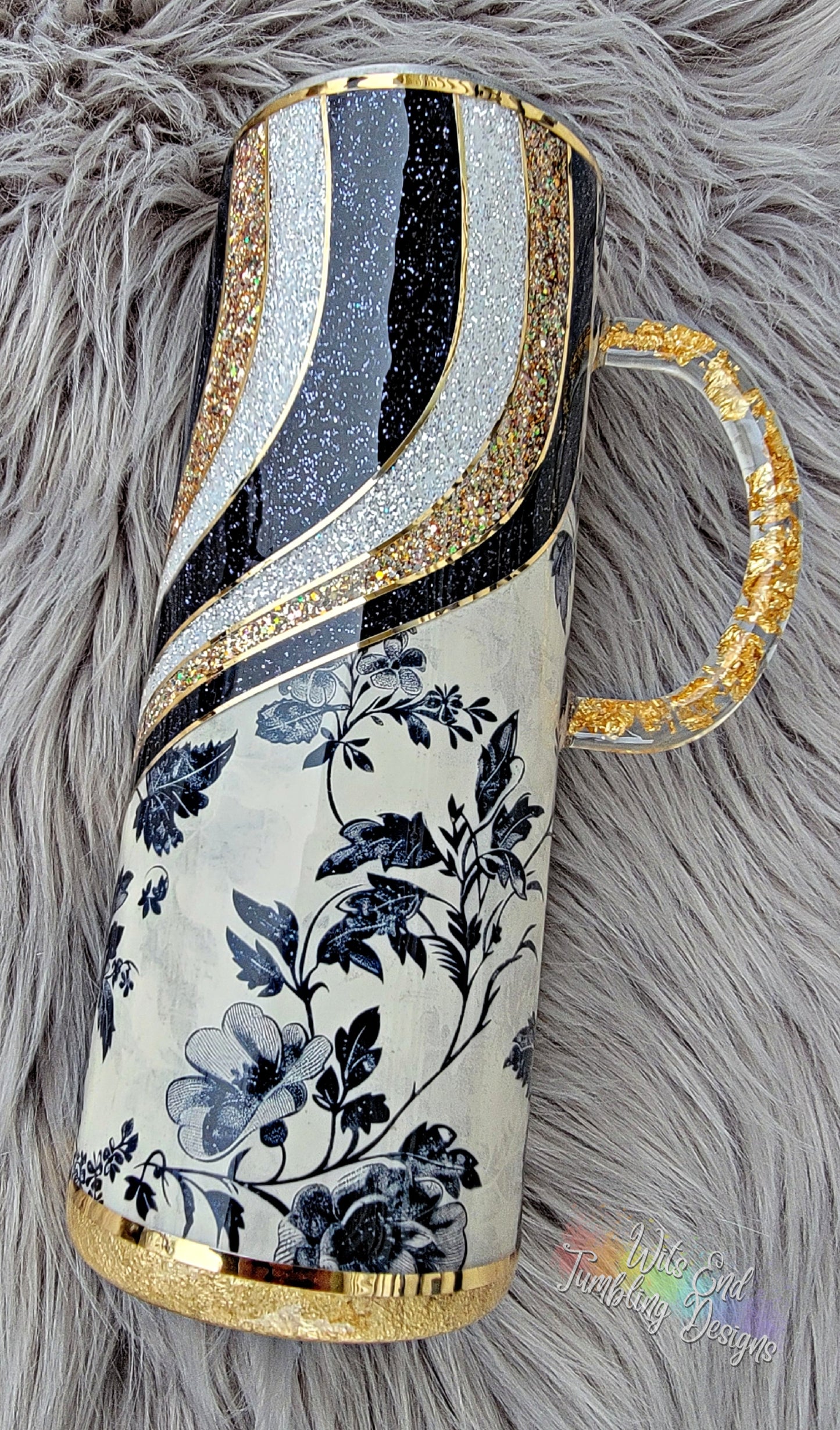 24oz Elegant Waves with Floating Gold Leaf Handle ~ Black and Gold