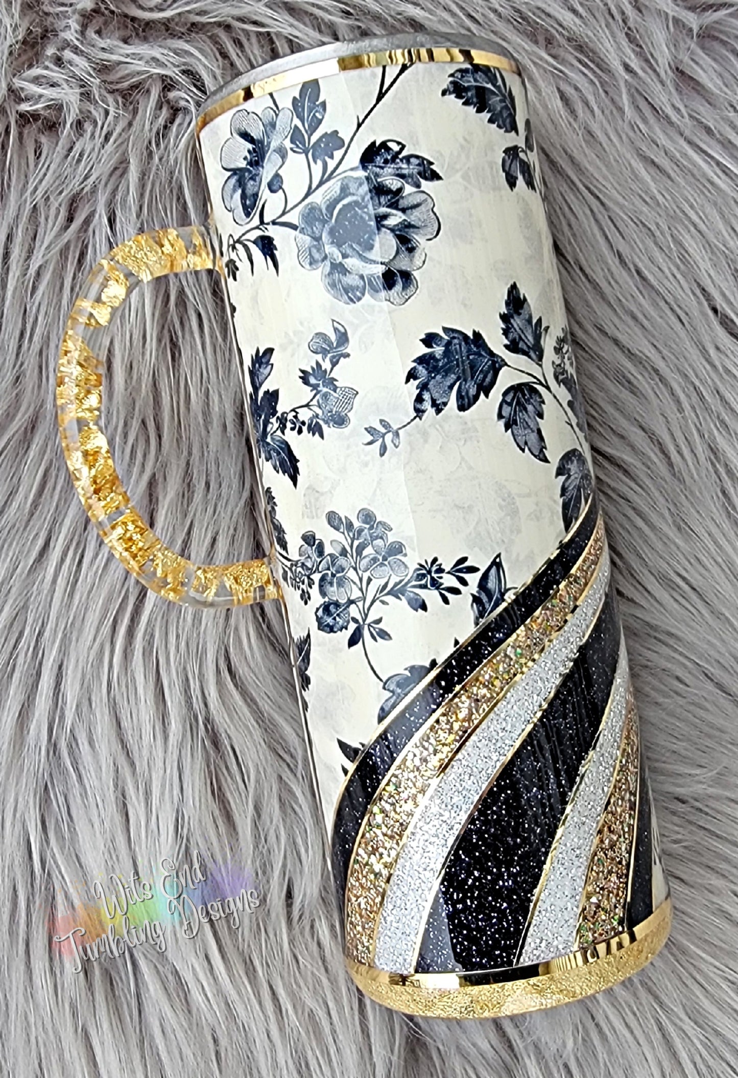 24oz Elegant Waves with Floating Gold Leaf Handle ~ Black and Gold