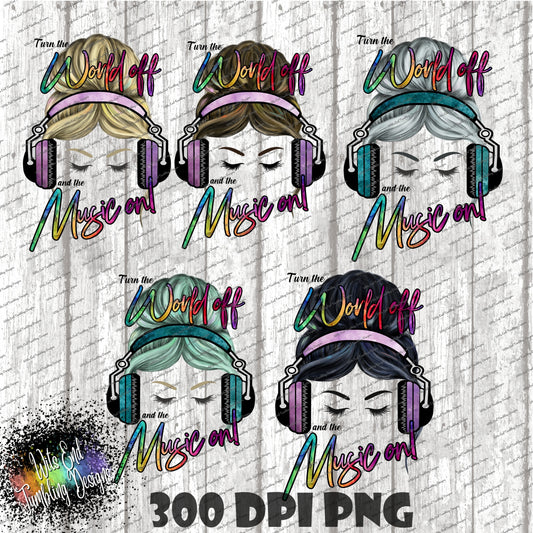 Turn the World off Music on BUNDLE 2 WATERCOLOR Style messy bun girls ~ 300DPI PNG **DIGITAL DOWNLOAD ONLY**