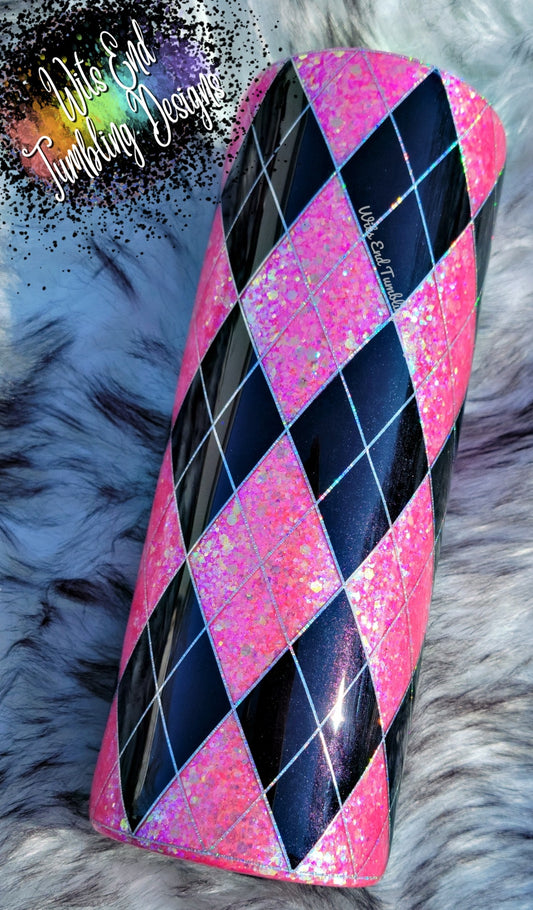 24oz pink and black argyle pattern with silver pinstripes