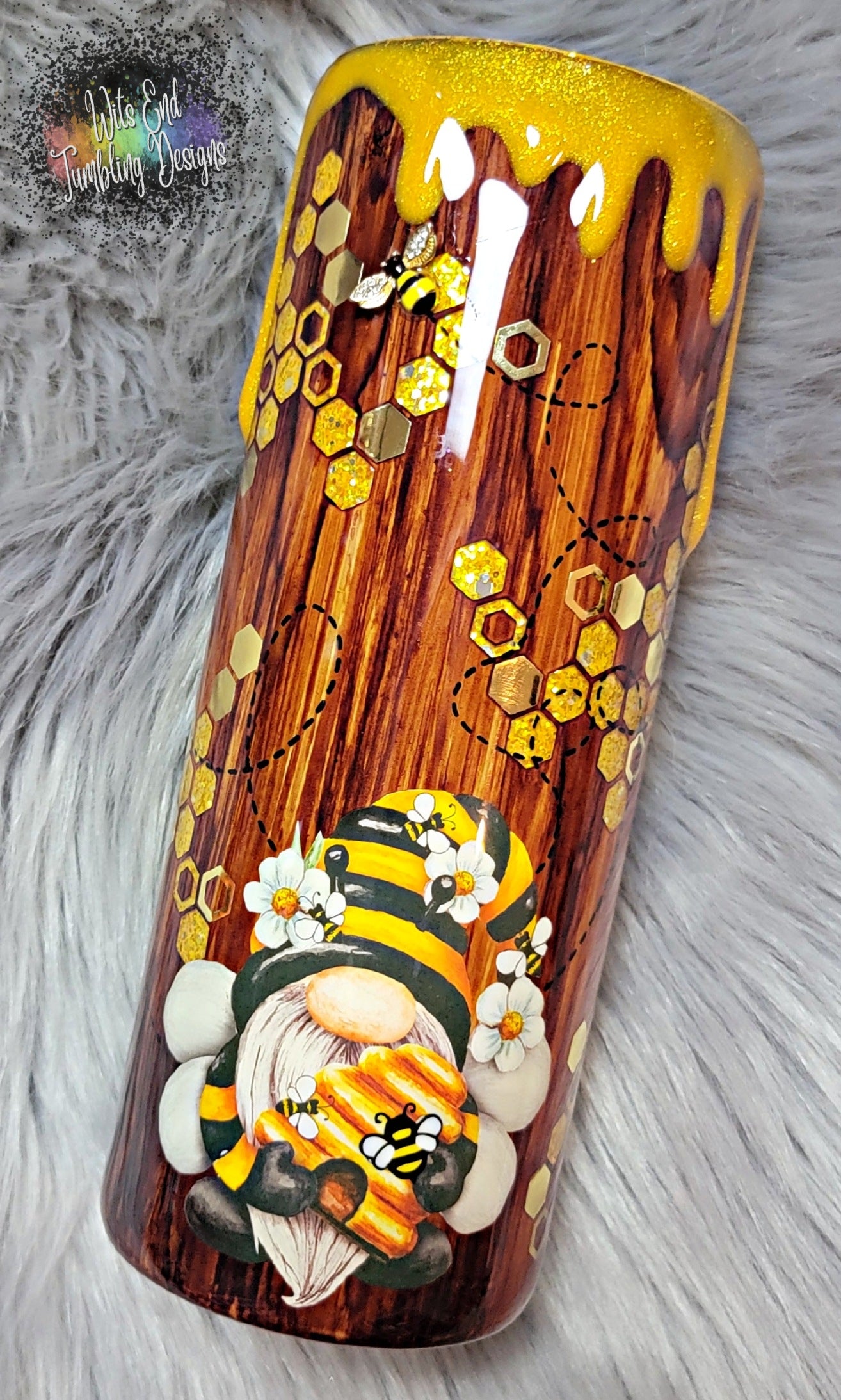 24oz woodgrain/glitter Peekaboo bumblebee gnome