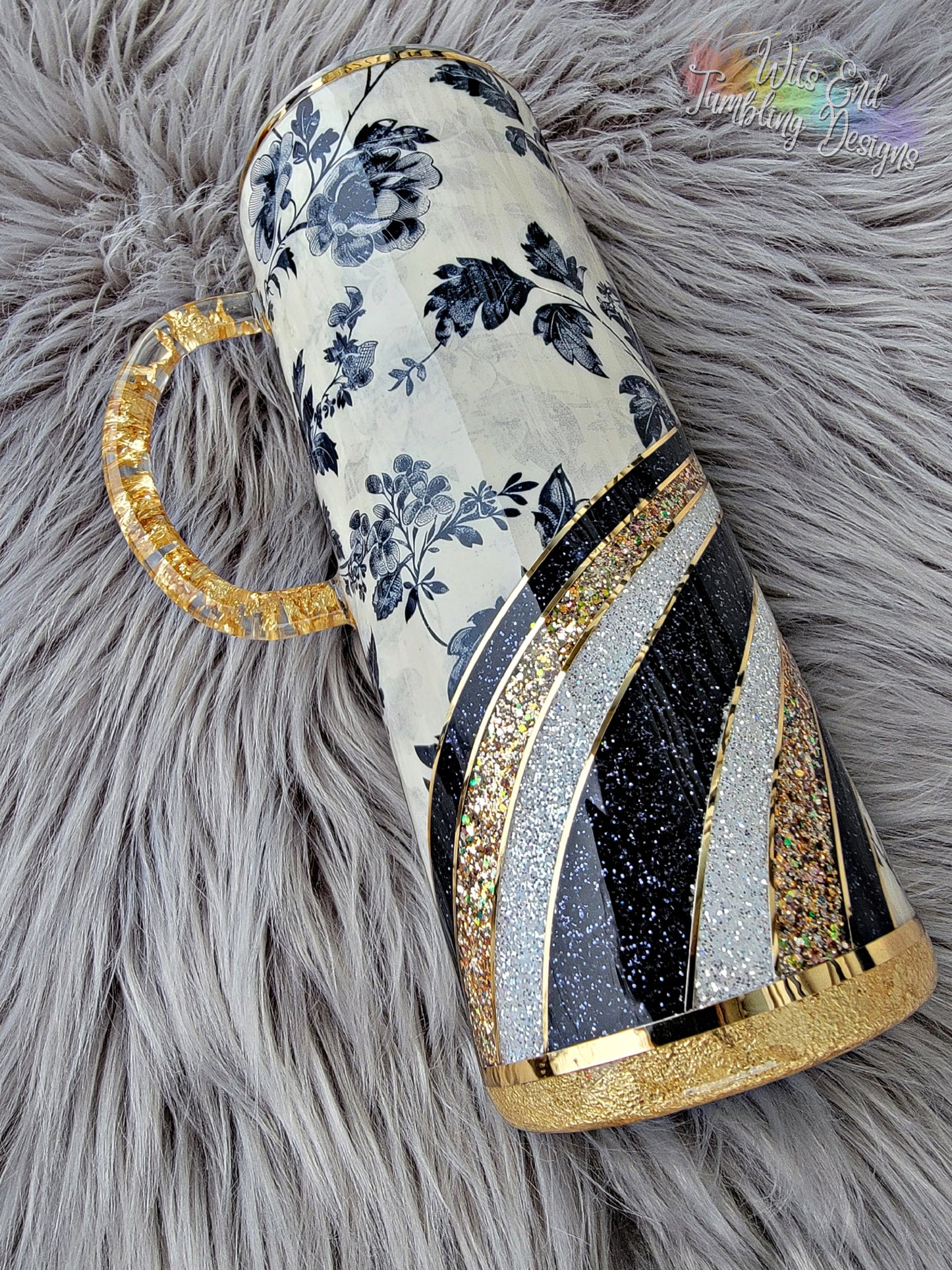 24oz Elegant Waves with Floating Gold Leaf Handle ~ Black and Gold