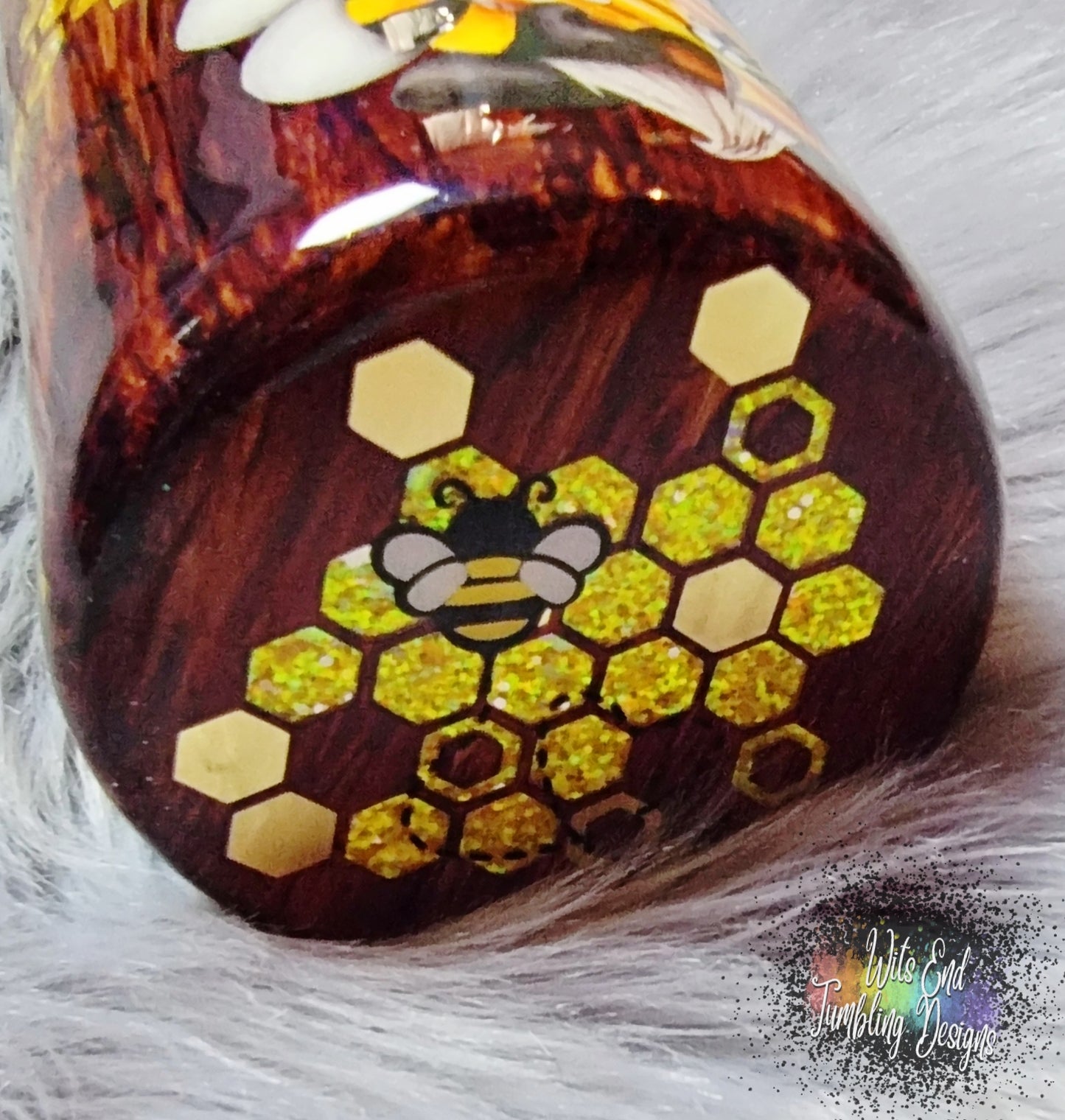 24oz woodgrain/glitter Peekaboo bumblebee gnome